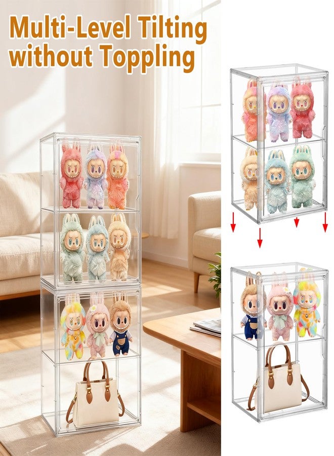 YEXEXINM 2 Pack Display Case Compatible with Labubu POP MART Clear Acrylic Storage Bin with 1 Divider Stackable Display Case for Collectibles with Magnetic Door Display Box for POP MART Labubu Doll - Image 4